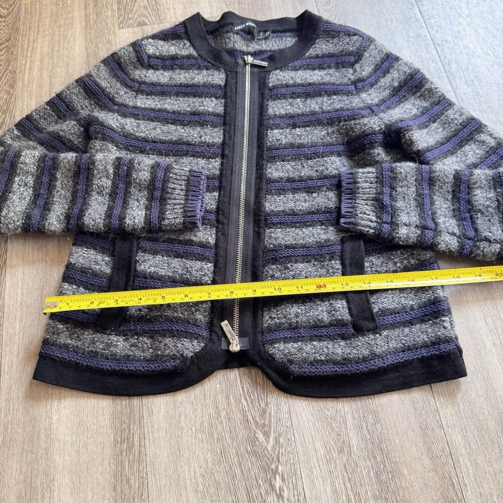 Karen Millen Cardigan Sz 4 Gray Black Blue Striped Cotton Mohair Blend Zip Pocke